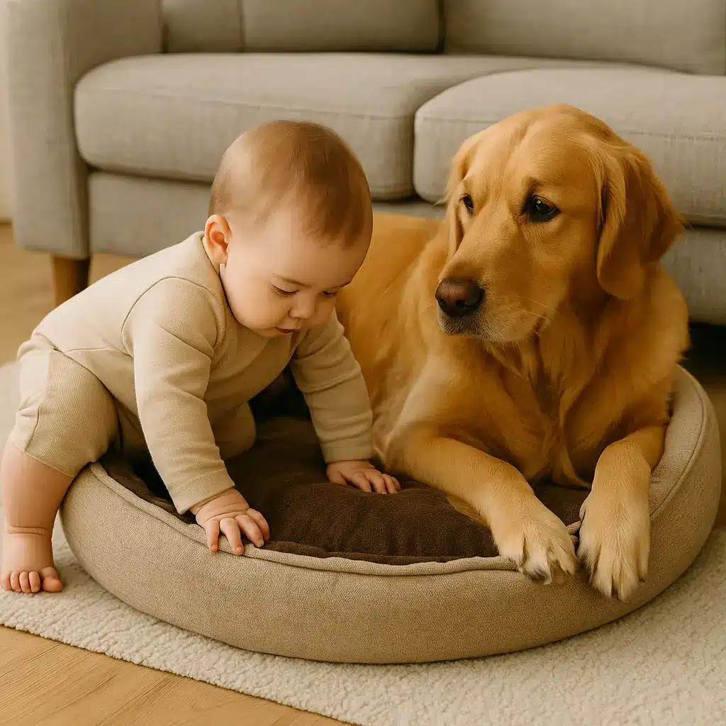 Batole leze do pelíšku k ležícímu psovi, situace může být potenciálně nebezpečná