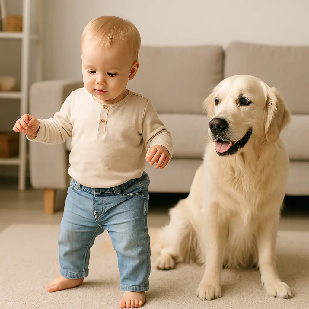 Batole se učí chodit, zatímco ho pes zvědavě sleduje v domácím prostředí