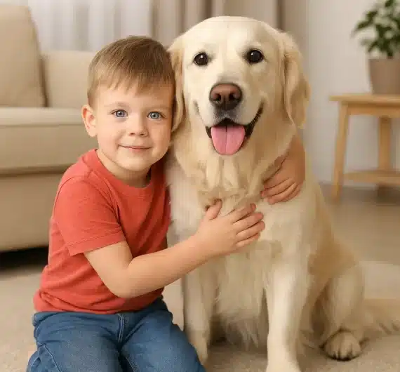 Chlapeček je v blízkém kontaktu se psem, sdílejí jemný a důvěrný moment přátelství.