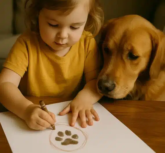 Dívka kreslí psí tlapku, pes je u ní a klidně situaci sleduje – tvořivá a jemná aktivita podporující vztah dítěte a psa.