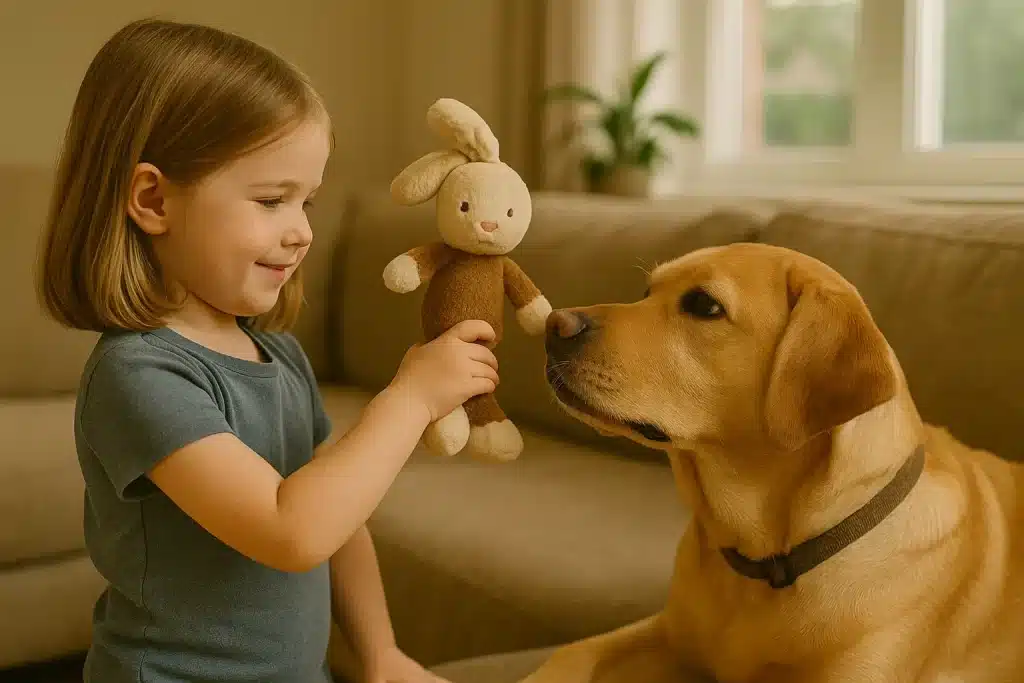 Dívka si hraje s plyšákem v těsné blízkosti psa, který situaci sleduje – potenciálně citlivý moment v domácnosti.