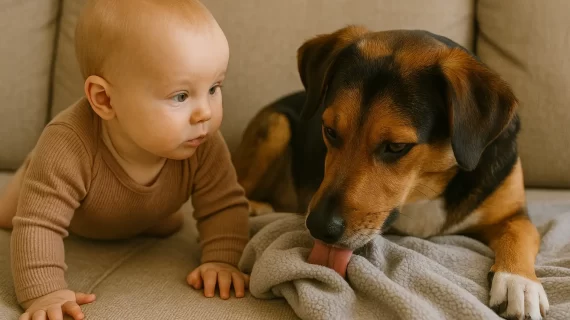 Pes, který olizuje deku vedle miminka