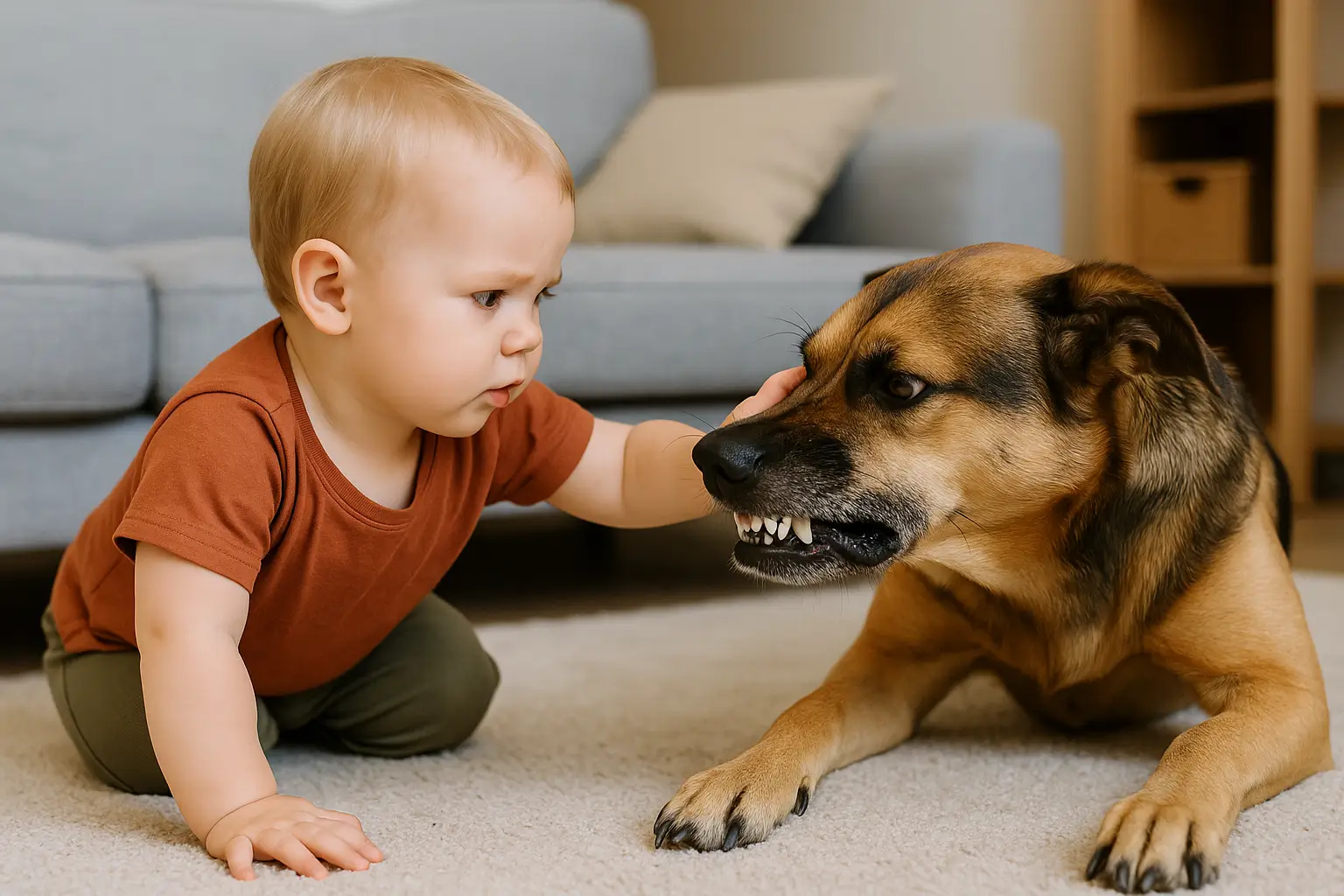 Pes vrčí na dítě, které k němu leze