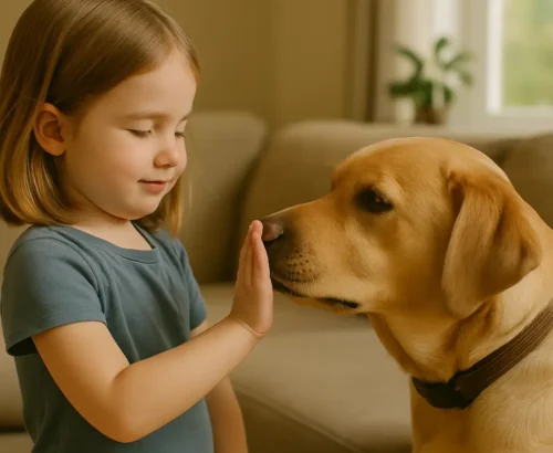 Dívka si hraje se v rámci online kurzu Pes pro děti: Bezpečné a hravé soužití